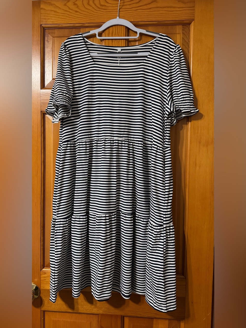 Navy & White Striped Midi Dress with Short Puff Sleeves